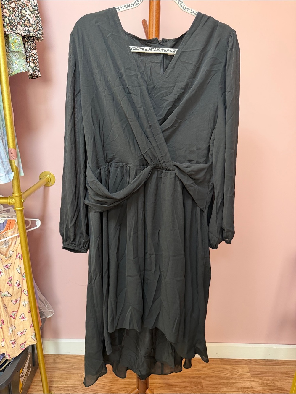 Women’s Black Long-Sleeve V-Neck Wrap Midi Dress